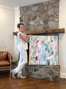 Local Artist Christine Mueller Holding one of her custom Abstract Art Paintings, Colorful Abstract Wall Art, vivid bright canvas painting, modern home decor, large fine art, multicolor abstract wall art, christine mueller art, abstract artist, southern female artist