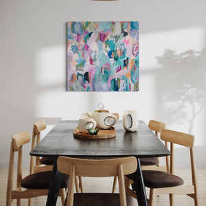 Colorful Abstract Wall Art hanging in the dinning room made by Christine Mueller, Colorful Abstract Wall Art, vivid bright canvas painting, modern home decor, large fine art, multicolor abstract wall art, christine mueller art, abstract artist, southern female artist