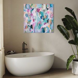 Colorful abstract wall art hanging above the bathtub, Colorful Abstract Wall Art, vivid bright canvas painting, modern home decor, large fine art, multicolor abstract wall art, christine mueller art, abstract artist, southern female artist