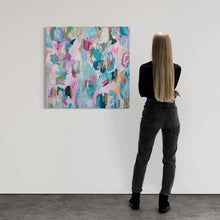 Load image into Gallery viewer, A colorful commissioned abstract wall art piece hanging in a gallery, Colorful Abstract Wall Art, vivid bright canvas painting, modern home decor, large fine art, multicolor abstract wall art, christine mueller art, abstract artist, southern female artist