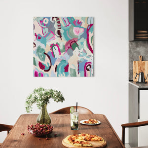 Colorful Abstract Wall Art hanging in the dinning room made by Christine Mueller 