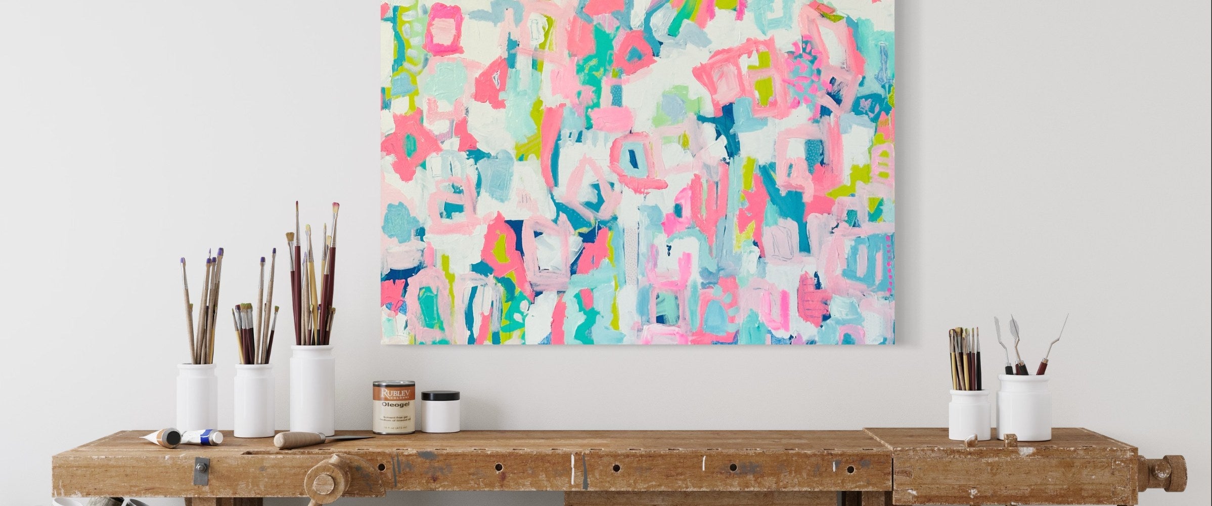 Pink, blue and green painting. Colorful abstract Wall Art By Christine Mueller 